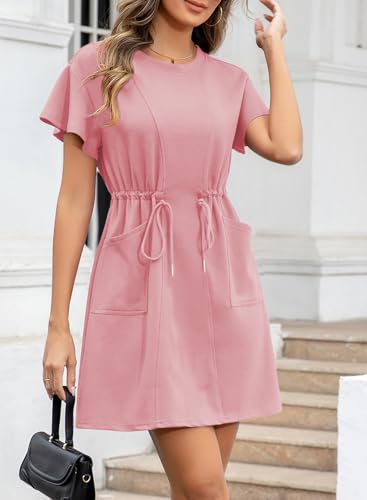 Image of EVALESS Womens Spring Summer Dresses 2026 Casual Round Neck Ruffle Short Sleeve Flowy A Line Mini Dress with Pockets