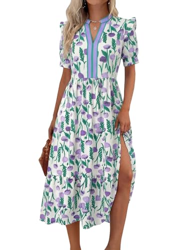 Image of Wenrine Womens Summer Floral Puff Short Sleeve V Neck Flowy Midi Dress | Casual,Ruffle Sleeve,Empire Waist,Swing,Boho,Beach,Vacation,Maxi Dress,with Pockets