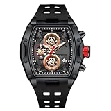 RORIOS Orologio Tonneau da Uomo Orologi da Polso Moda Multifunzione Orologi Analogico Quarzo Orologi Punk Cronografo con Cinturino in Silicone Nero A