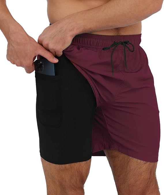 Image of BOLDSHARK Men's 2 in 1 Workout Running Shorts Lightweight Training Yoga Gym Short with Pockets Cycling Shorts (in, Alpha, L, Regular, Maroon)