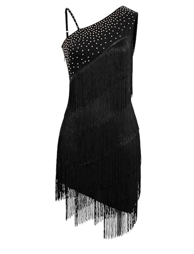 EFOGEP Robe asymétrique à une épaule en strass pour femme - Robe de danse latine des années 1920 - Robe à paillettes - Salsa Cha-Cha - Costume de danse,...