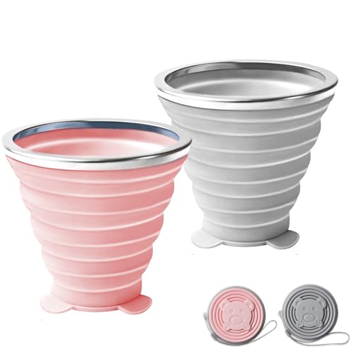 180ML Silicone Collapsible Cup 2 PCS Silicone Foldable Expandable Folding Drinking Cup Reusable Portable Cup collapsible travel cup with Lids For Travel Camping Hiking Outdoor Sports?Pink+Grey?