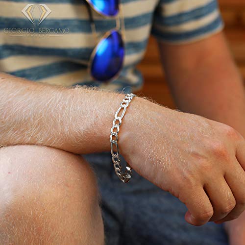 925 Italian Sterling Silver 7.5Mm Solid Figaro Diamond Cut Bracelet, Itprolux Pave Link Chain, Giorgio Bergamo (8.5) #TOP1