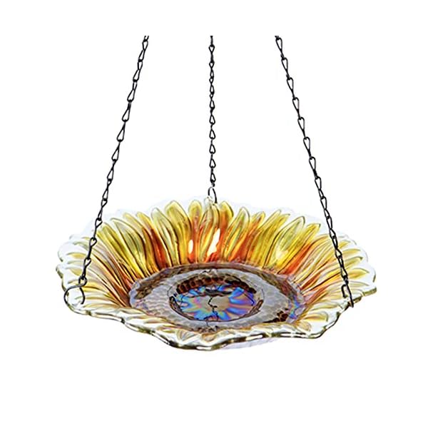 VCUTEKA Hanging Bird Bath Outdoor, Glass Bird Baths Sunflower Birdfeeder with 19 inch Rust-Proof Black Chain for Garden Yard Decor Sunflower