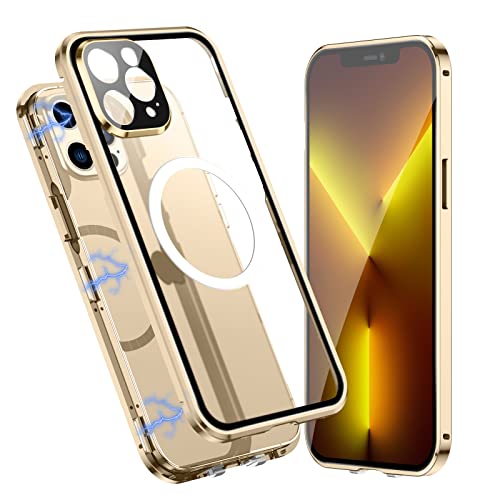 Jonwelsy Case For Iphone 13 Pro Max, Compatible With Magsafe 360 Degree Full Body Protection Case Magnetic Attraction Metal Bumper+Front Glass+Pc Back Cover For Iphone 13 Pro Max (6.7 Inch) (Gold) #TOP11