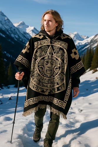 Image of Gamboa Alpaca Wool Mexican Poncho with Hood for Men Hoodie Pancho Mens Western Hooded Serape