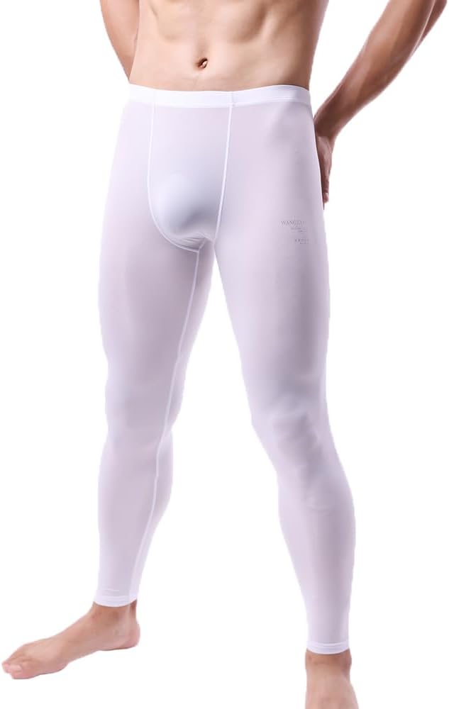 Men's Ice Silk Sheer Leggings Pants Underwear Bottoms Low Rise Elastic Trousers Long Johns