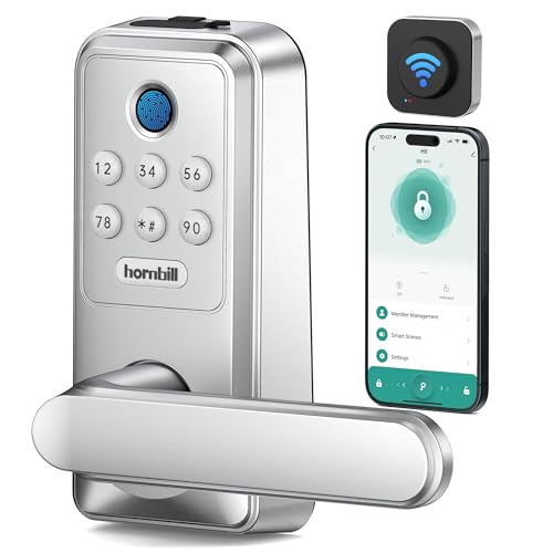 Smart WiFi Door Lock with Handle: Hornbill Keyless Entry with Remote Unlock Code Keypad Fingerprint Auto Lock - Electronic Bluetooth Digital Lever Front Interior Door Lock
