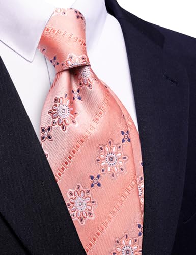 Image of Barry.Wang Coral Pink Ties for Men Floral Tie Necktie and Tie Clip Wedding Business Flower Formal
