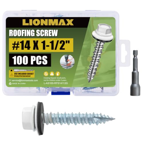 LIONMAX Metal Roofing Screws #14 x 1-1/2 Inch, 100PCS, White, Rubber Washer