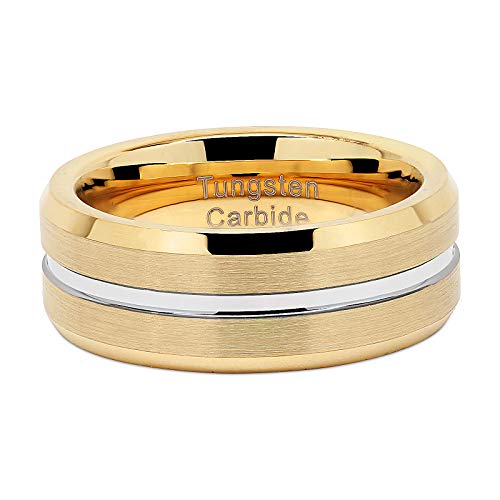 100S JEWELRY Tungsten Rings for Men's Gold Wedding Bands Silver Grooved Two Tone 8mm Wide Size 6-164
