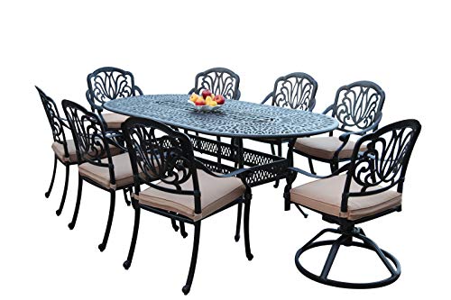 GrandPatioFurniture.com CBM Patio Elisabeth Cast Aluminum 9 Piece Dining Set with 2 Swivel Rockers 6 Arm-Chairs SH258-2S6A CBM1290