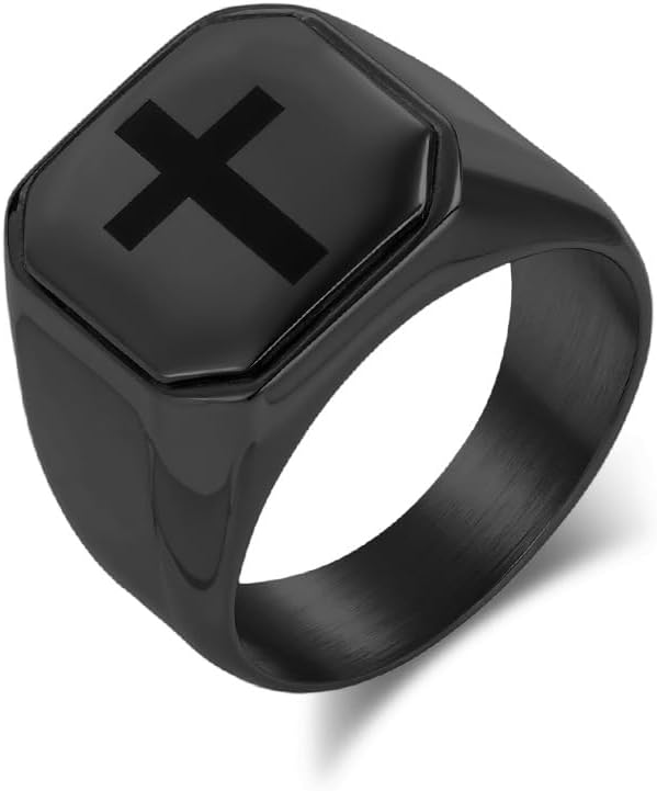Cross Ring for Men Vintage Religious Christian Prayer Holy Ring Catholic Minimalist Polished Stainless Steel Signet Band Size 8-11