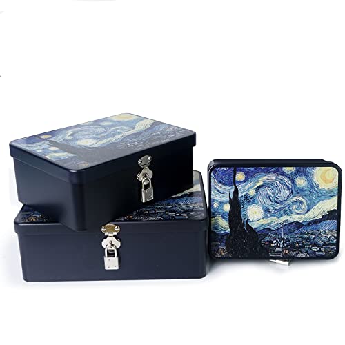 Luwint Metallbox Sternennacht Muster Dekoration Aufbewahrungsbox - Metall Dünne Kunstbox Organizer mit Schloss, ideales Geschenk für Freunde, Mutter, Vater (3 Stück/groß, mittelgroß, klein) Cover