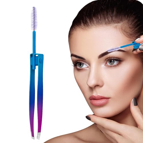 Pinzas para cabello facial 2 en 1 de acero inoxidable para cejas con cepillo, cepillo de párpados dobles, depilación encarnada, herramienta de aseo de maquillaje para mujeres y hombres