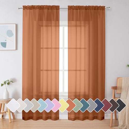 Simplebrand Orange Sheer Curtains 84 Inches Long, Light Filtering Rod Pocket Solid Color Window...