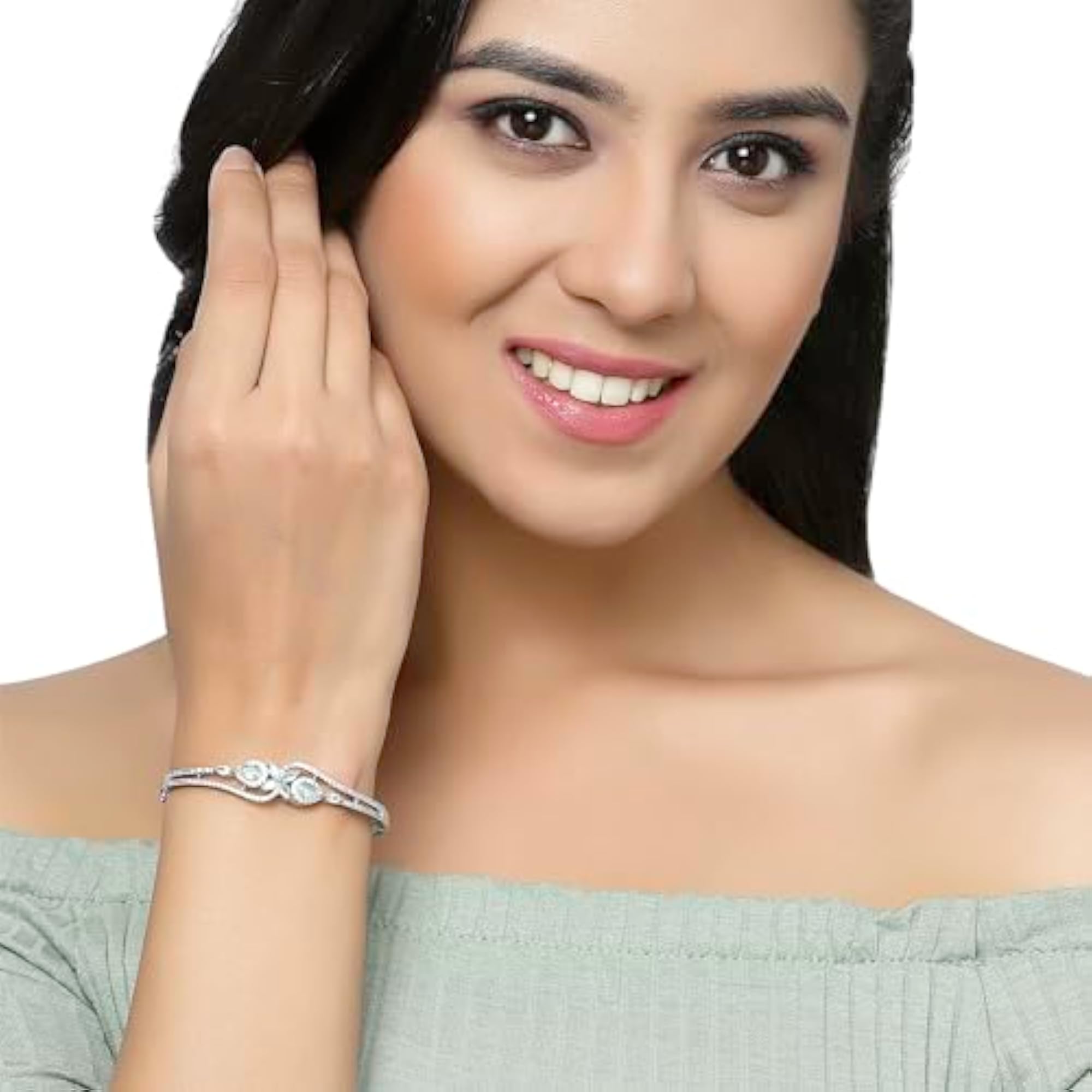 Rhodium-Plated Leaf Kada Bracelet (Sea Green)