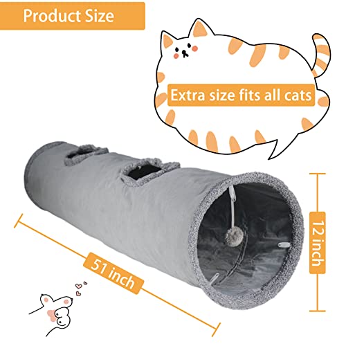 Image of Cat Tunnel for Indoor Cats, 51x12 inch Foldable Big Cat Tunnel, Grey Suede Pet Tunnels with Two Peepholes and a Bubble Ball