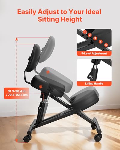 Image of VEVOR Ergonomic Kneeling Chair with Backrest & Wheels, Mobile X-Shaped Posture Knee Chair with Adjustable Height & Thick Foam Cushions, Relief for Neck or Back Pain for Home, Office, Meditation, Black