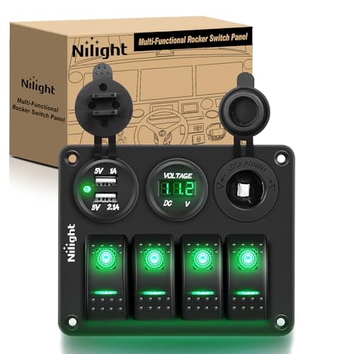Nilight 4 Gang Rocker Switch Panel SPST On Off 12 Volt Toggle Green