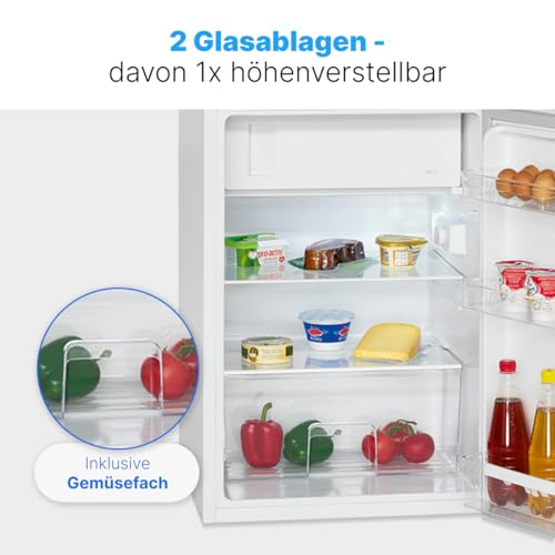 Foto von Bomann® Kühlschrank mit Gefrierfach | Kühlschrank klein mit 120L Nutzinhalt | Kühlen 107L & Gefrieren 13L | Fridge mit 3 Türablagen & 2 Glasablagen | wechselbarer Türanschlag | KS 2184.1 weiß