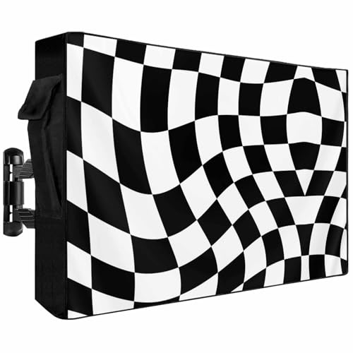 Outdoor TV Cover 52 to 55 Inch,Black and White Checkerboard Waterproof Flat Screen Display Protector for Outside,Modern Irregular Geometric Television Enclosure with Zipper