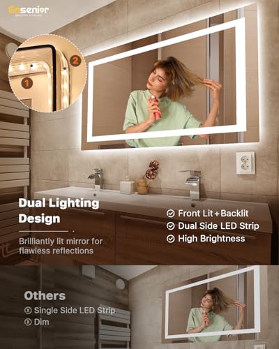 Ensenior LED Bathroom Mirror 55"x 30" with Front and Backlight, Stepless Dimmable Wall Mirrors with Anti-Fog, Shatter-Proof, Memory, 3 Colors, Modern LED Vanity Mirror-ETL & FCC