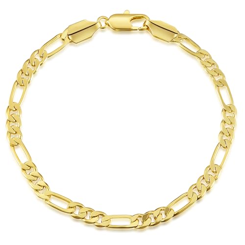 14K Gold Bracelet for Men, 8 inch Non Tarnish Golden Figaro Chain with 5mm Width & Lobster Claw Clasps for Him, Jewelry Gifts with Box for Valentine's Day/Father's Day/Anniversary