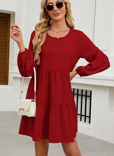 Image of QACOHU Falll Dresses for Women 2026 Crew Neck Long Lantern Sleeve Casual Loose Flowy Swing Shift Dress