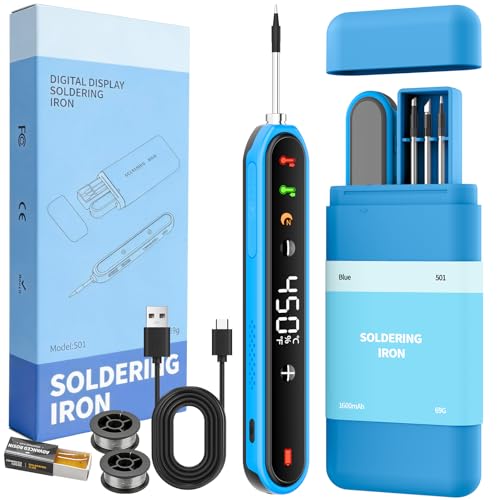 Image of Cordless Soldering Iron Kit, Portable Soldering Iron 1600mAh Rechargeable Battery, 8s Fast Heat-Up, Adjustable Temp 180~450℃, Type-C Charging,3 Tips, Smart Wireless Heat Pen for Precision Repair(Blue)