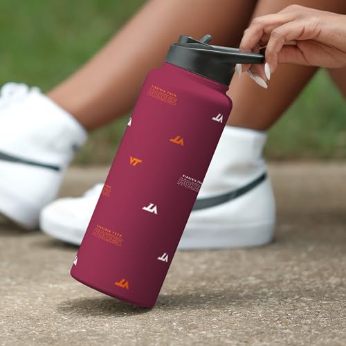 Image of Logo Brands NCAA Virginia Tech Hokies Step & Repeat 34 oz Stainless Steel Quencher Bottle - All Over Logo Design, No-Spill Lid, Easy Carry Handle - Keeps Drinks Cold For Hours