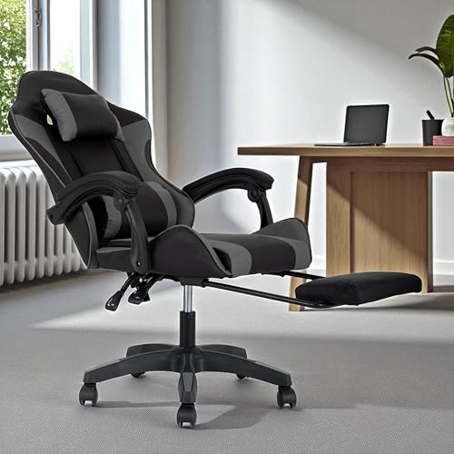 ملتي هوم فيرنتشر كرسي العاب اسود ورمادي | كرسي مريح بظهر مرتفع مع مسند قدم ومسند ذراع قابلين للتعديل | كرسي مكتب بنمط السباق مع دعم لاسفل الظهر ومسند راس لاعداد الالعاب