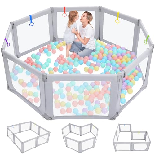 Image of Dripex Foldable Baby Playpen, 71"×69" Play Pens for Babies and Toddlers, Safe Anti-Fall Play Yard with Gates, Baby Fence with Breathable Mesh, Indoor & Outdoor Kids Activity Center, Ash Grey