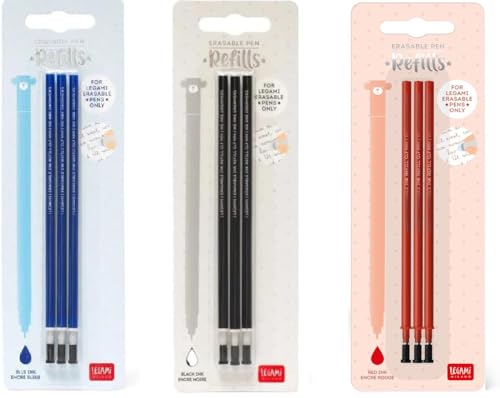 Legami - Gelschreibermine radierbar Set 3 Packungen à 3 Minen Höhe 13 cm Thermosensible Tinte Blau Schwarz und Rot Spitze 0 7 mm (3er Set mehrfarbig)