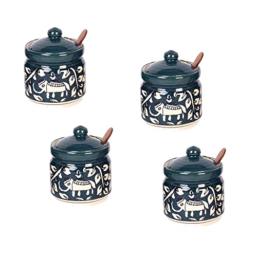 Image of AAKRITI ART CREATIONS Jungle Elephants Pickle Barni Set of 4 with Spoon | Ceramic Achar ki Barni & Mukhwas Box | Handcrafted Madhubani Storage Jar for Spice, Pickle & Chatni