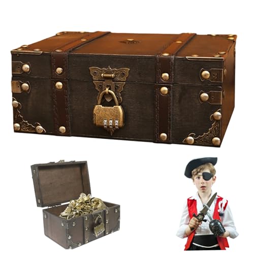 Cofre del tesoro pirata de madera vintage 9,5x6,7x3,7 pulgadas con candado de combinacion para niños 7