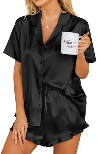 Ekouaer Womens Satin Pajamas Set Button Down Silk Pj Shorts Set with Ruffle