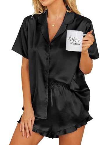 Ekouaer Womens Satin Pajamas Set Button Down 2 Piece Silk Pjs Shorts Set Ruffle Lingerie Notch Collar Sleepwear Black M