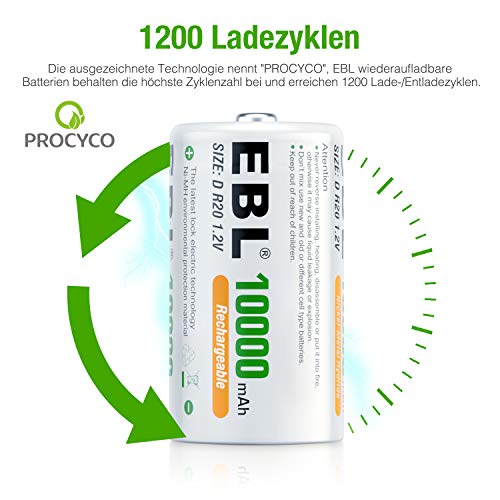 EBL oplaadbare batterijen D 10000 mAh 4 stuks hoge capaciteit Procyco batterijen met opbergdoosje - Afbeelding 4