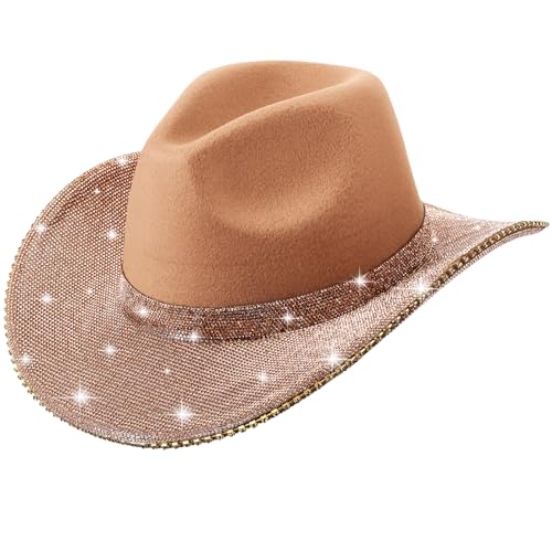 Image of Hercicy Rhinestone Cowboy Hat with Diamond Fringe CowHat for Cosplay Wedding circumference between 21.5 and 23.5 inches