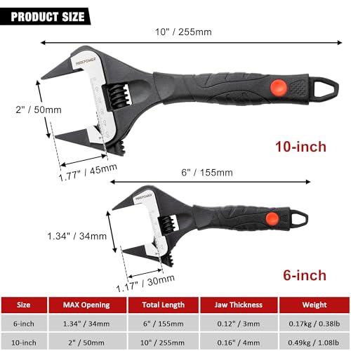 Image of MAXPOWER Slim Adjustable Wrench Set, 6 inch & 10 inch Wide Jaw Opening, Dual Scale With Metric and SAE Plumbing Wrenches, Deep Jaw With Soft Grip Handle