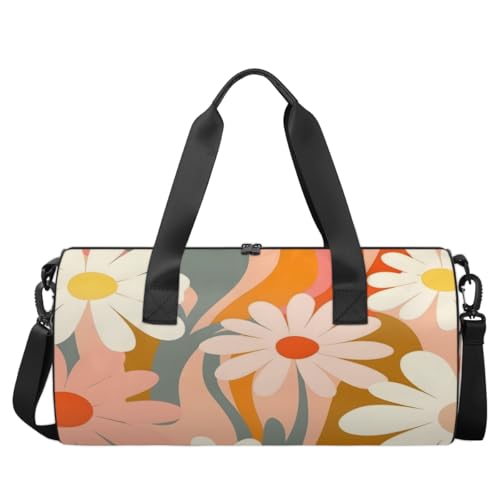 Chrysanthemums Round Barrel Sports Fitness Bag, Orange White Travel Luggage Bag, Reusable Handbag, Suitable For Men and Women2