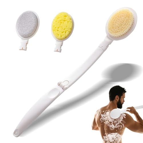 3 en 1 Brosse à dos Douche, avec Long Manche Pliable, applicateur de lotion pour douche,avec têtes interchangeables (Éponge, Nylon, Pierre Ponce)