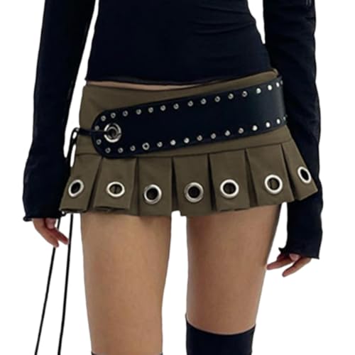 Women's Y2K PU Leather Skirts Low Waisted Studded Belt Pleated Mini Clubwear Skirt