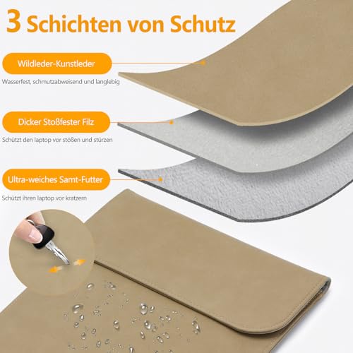 HYZUO 13.3-14 Inch Laptop Sleeve for MacBook Pro 14 M5/M4/M3/M2/M1 Pro/Max 2026-2021, 13.3" MacBook Air/Pro, 13.5-13.8 Surface Laptop, HP Envy 13, Faux Suede Leather Case with Pouch, Khaki