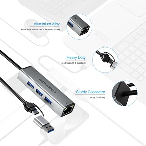 Achoro Usb Port Expender With Lan - Built In Usb A & Usb C To Usb Port Ethernet Port Adapter - Multiple Usb Port For Pc, Mac - Aluminium Alloy Extra 3 Usb Ports With Rj45 Usb Hub (Lan & Usb Ports) #TOP3