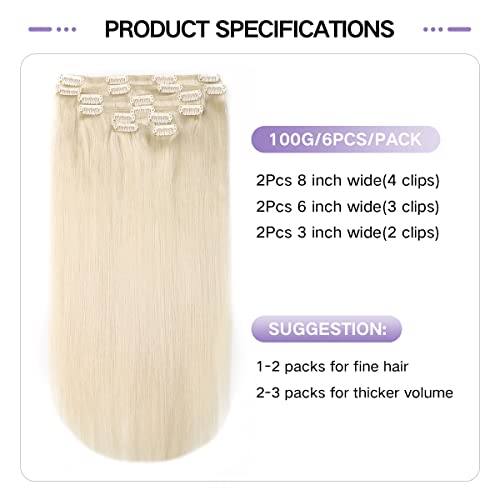 Sindra Clip in Hair Extensions Human Hair 22 Inch Platinum Blonde Double Weft Clip in Extensions 6 Pieces 120g #60 22" - Image 2