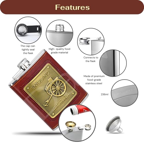 Image of Stainless Steel Hip Flask for Men & Women 8oz (236ml) - Whisky Flask Vodka Alcoholic Liquor Holder with Funnel Drinks Pocket Carrying Case - Leakproof Travel Flasks for Drinks, (Brown ENG)
