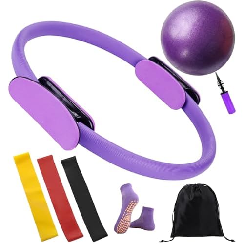 Pilates Ring and Ball Set 12 Inch Magic Circle Pilates Ring with 3 Resistance Bands Home Pilates Kit for Women Workouts Pilates Set for Beginners, Fitness Gift