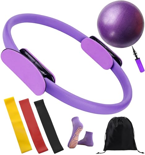 Pilates Ring and Ball Set 12 Inch Magic Circle Pilates Ring with 3 Resistance Bands Home Pilates Kit...